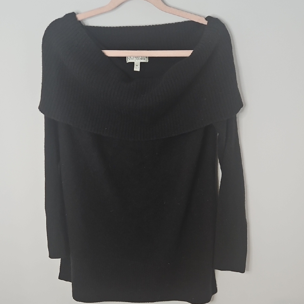 Neiman Marcus Cashmere Fold-Over Neckline Black Sweater
